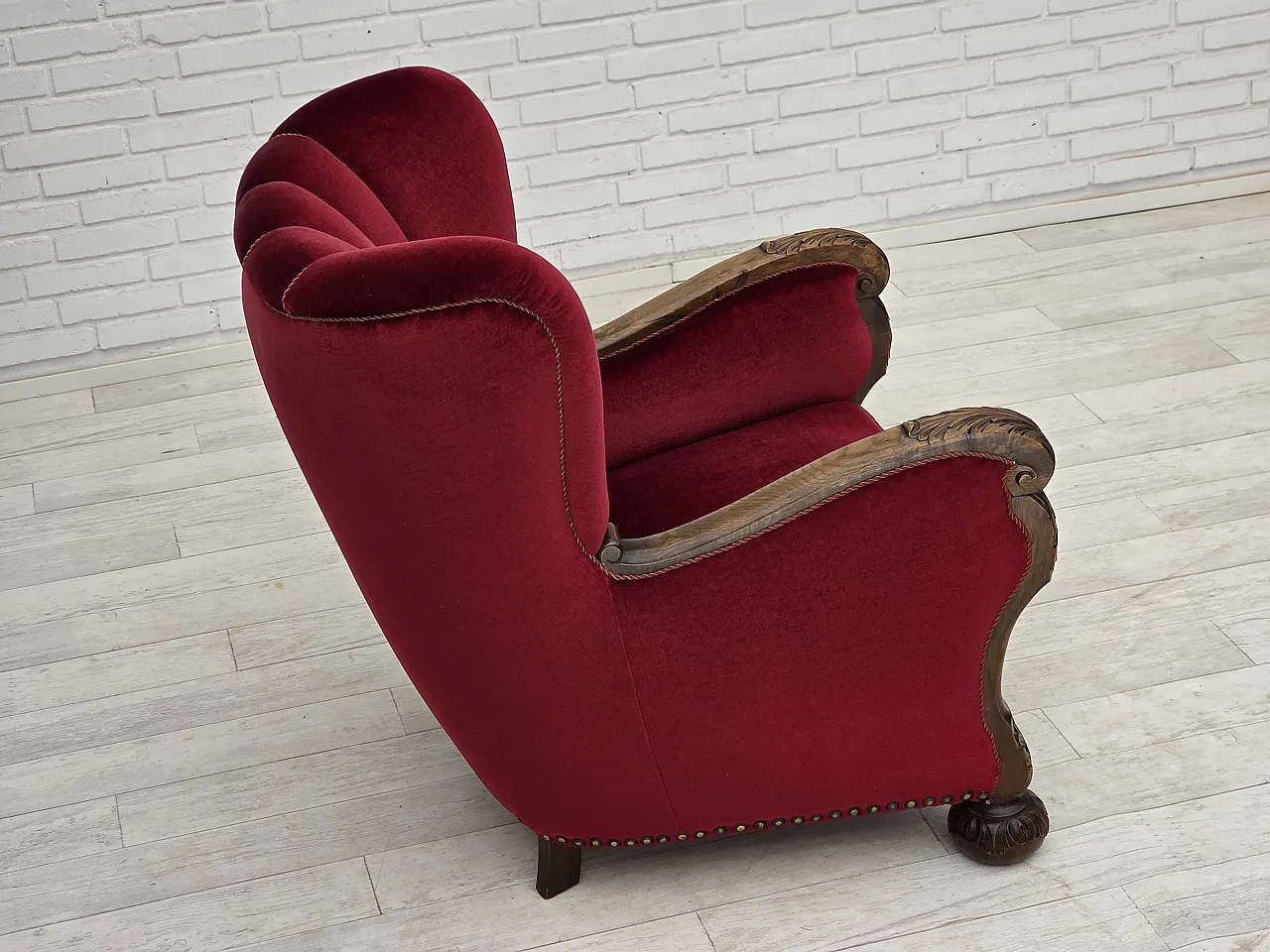 Danish relax chair, cherry-red velour, oak wood, 1960s 9