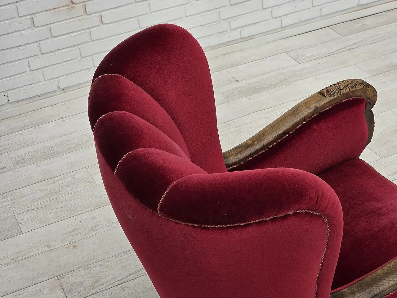 Danish relax chair, cherry-red velour, oak wood, 1960s 10