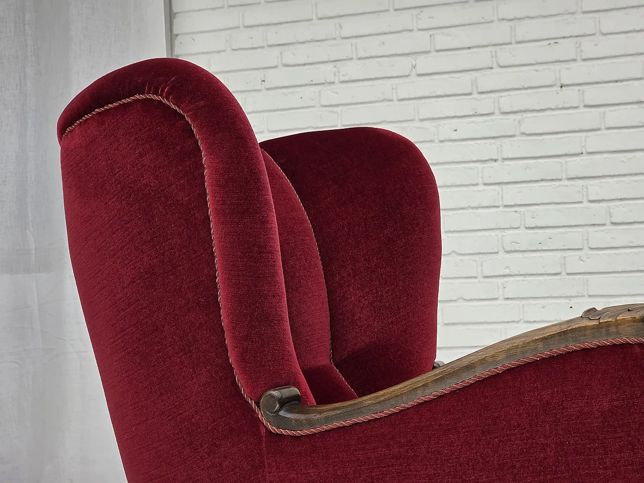 Danish relax chair, cherry-red velour, oak wood, 1960s 11
