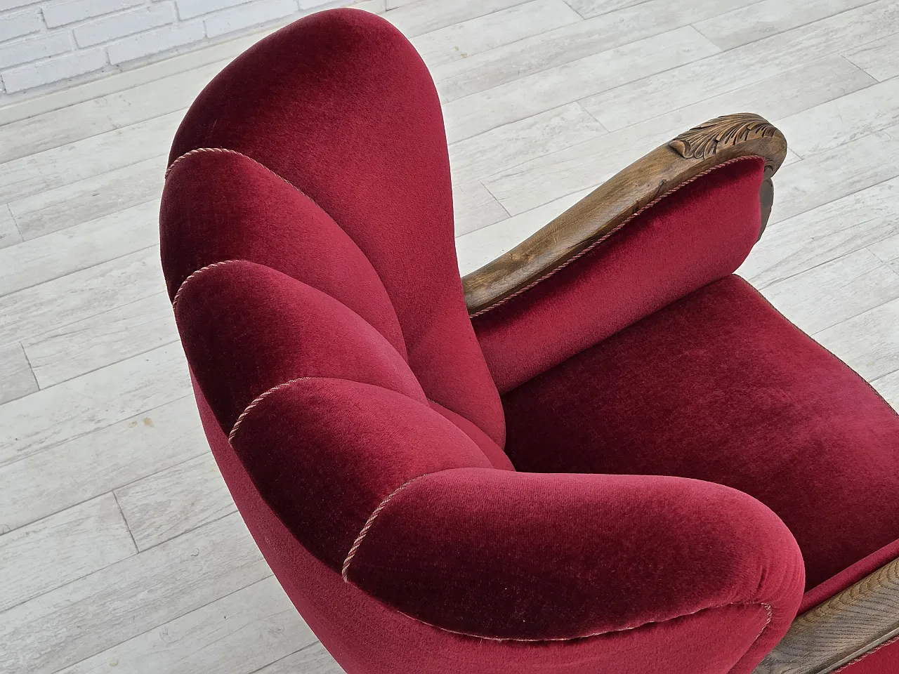 Danish relax chair, cherry-red velour, oak wood, 1960s 12
