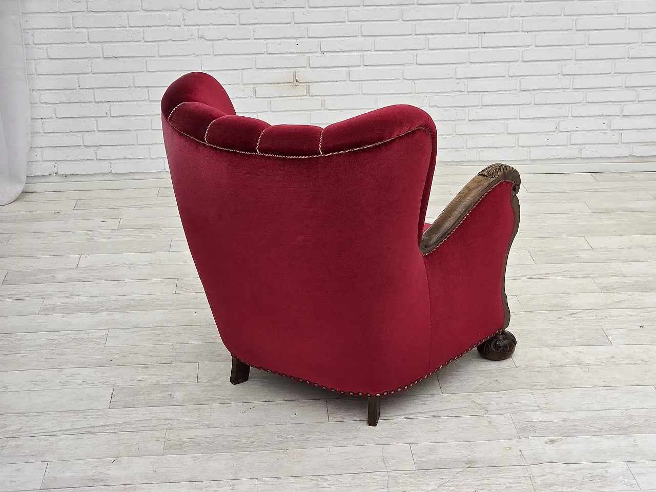 Danish relax chair, cherry-red velour, oak wood, 1960s 13