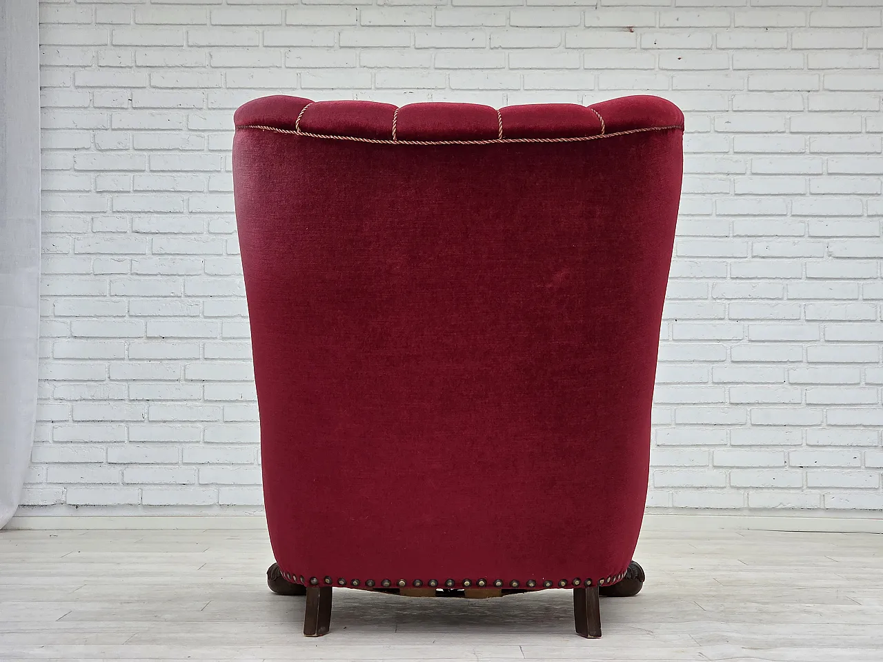 Danish relax chair, cherry-red velour, oak wood, 1960s 14