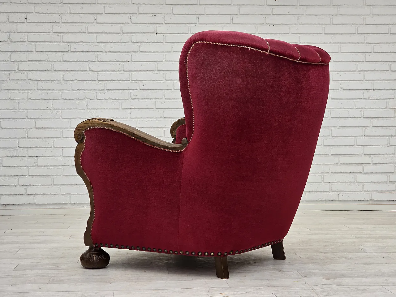 Danish relax chair, cherry-red velour, oak wood, 1960s 15