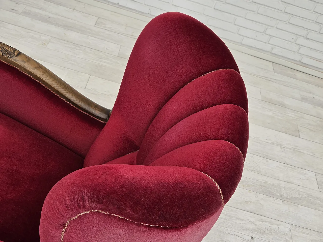 Danish relax chair, cherry-red velour, oak wood, 1960s 16