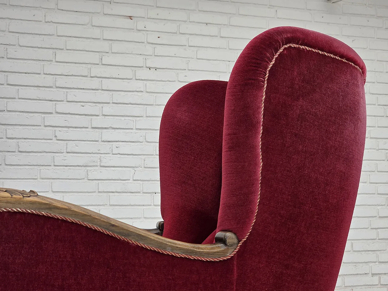 Danish relax chair, cherry-red velour, oak wood, 1960s 18