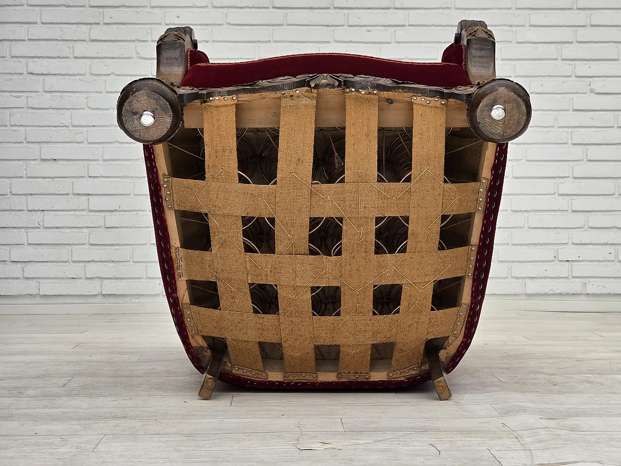 Danish relax chair, cherry-red velour, oak wood, 1960s 20