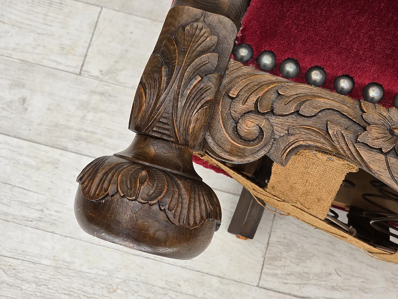 Danish relax chair, cherry-red velour, oak wood, 1960s 21