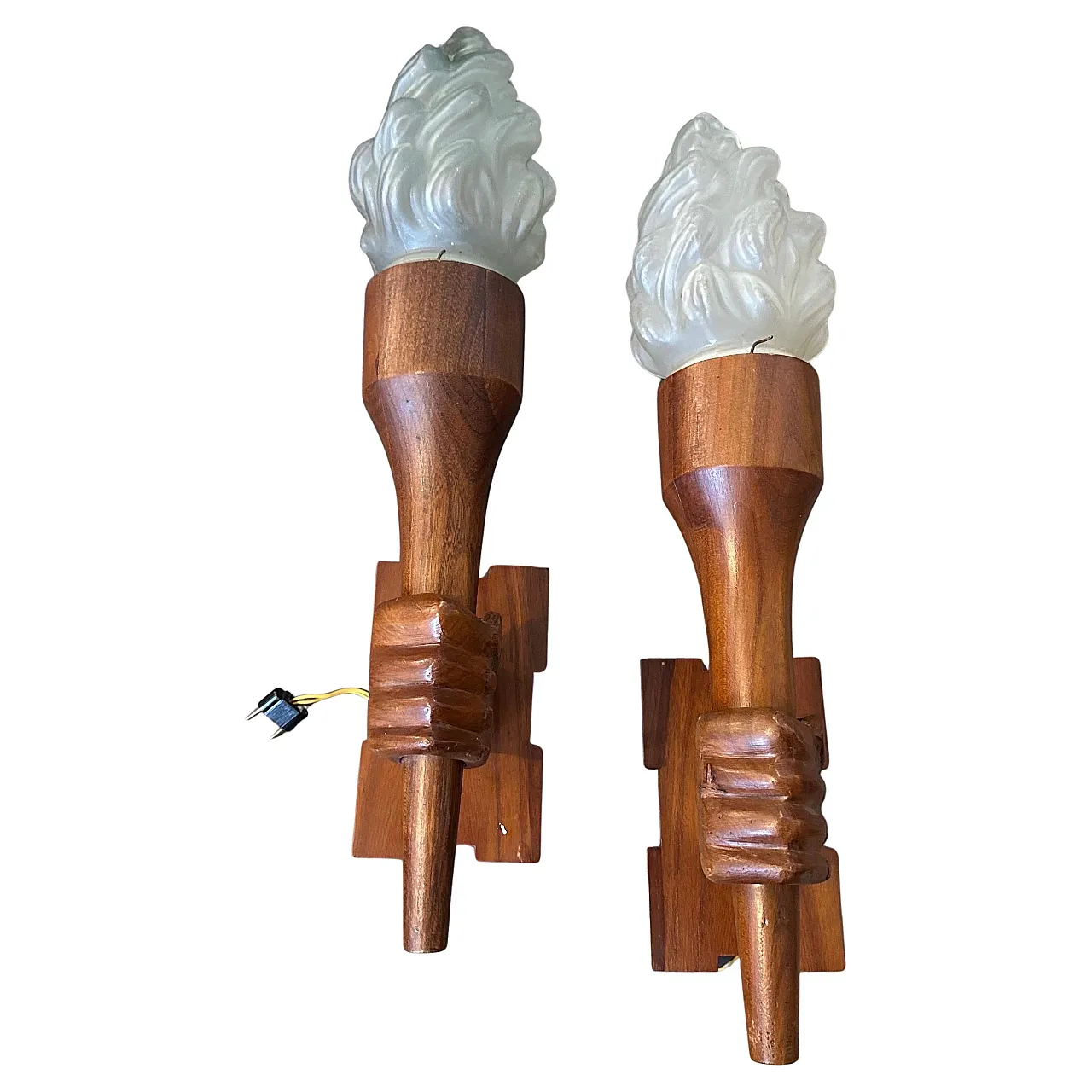 Pair of wall lamps in wood and glass, 1940s 1