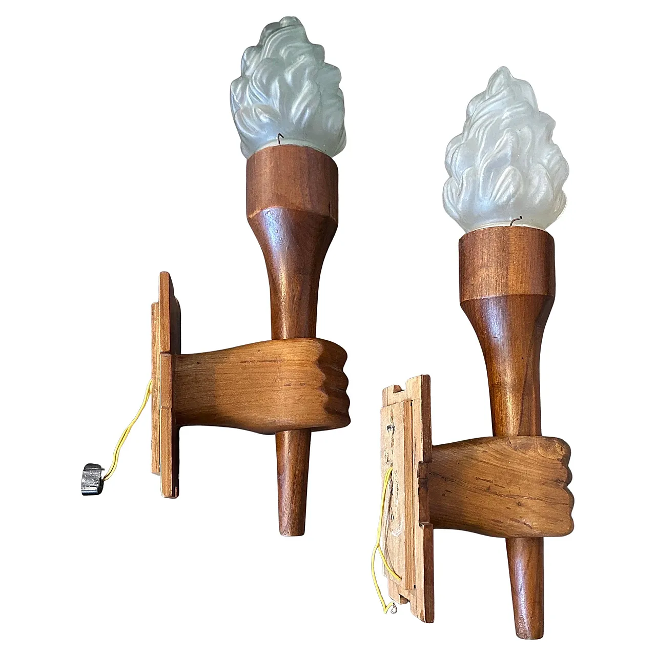 Pair of wall lamps in wood and glass, 1940s 2
