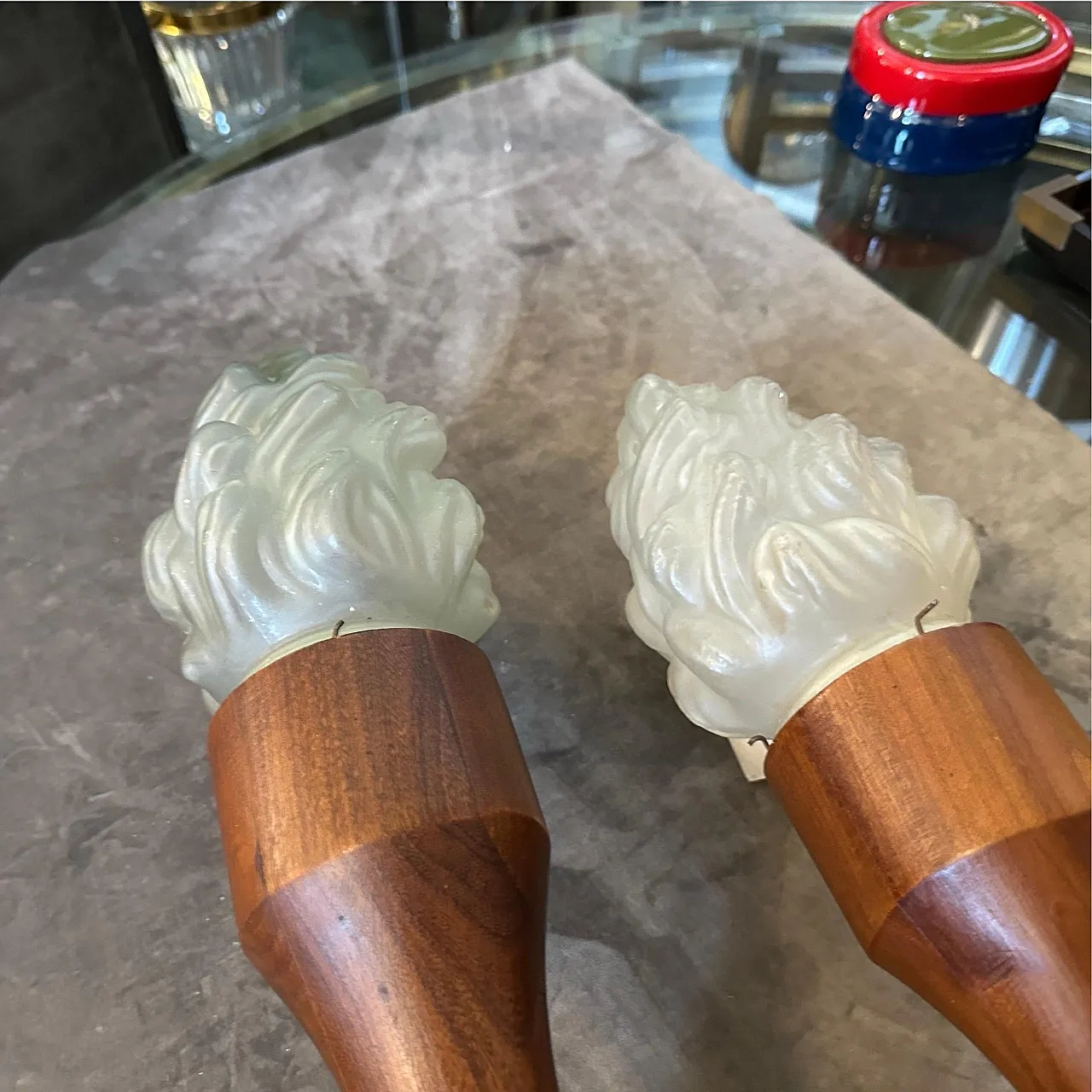 Pair of wall lamps in wood and glass, 1940s 8