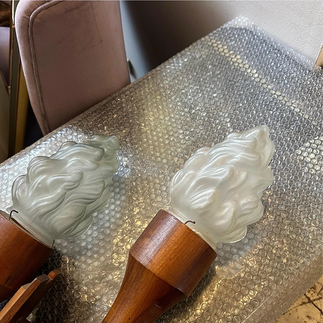 Pair of wall lamps in wood and glass, 1940s 13