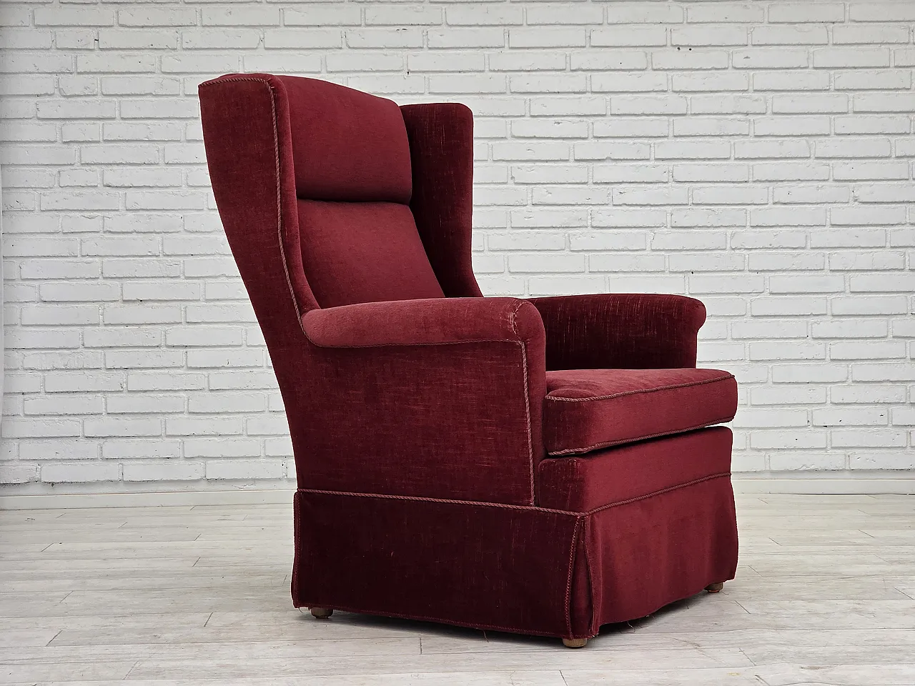 Danish highback chair, cherry-red velour, ash wood, 1970s 1