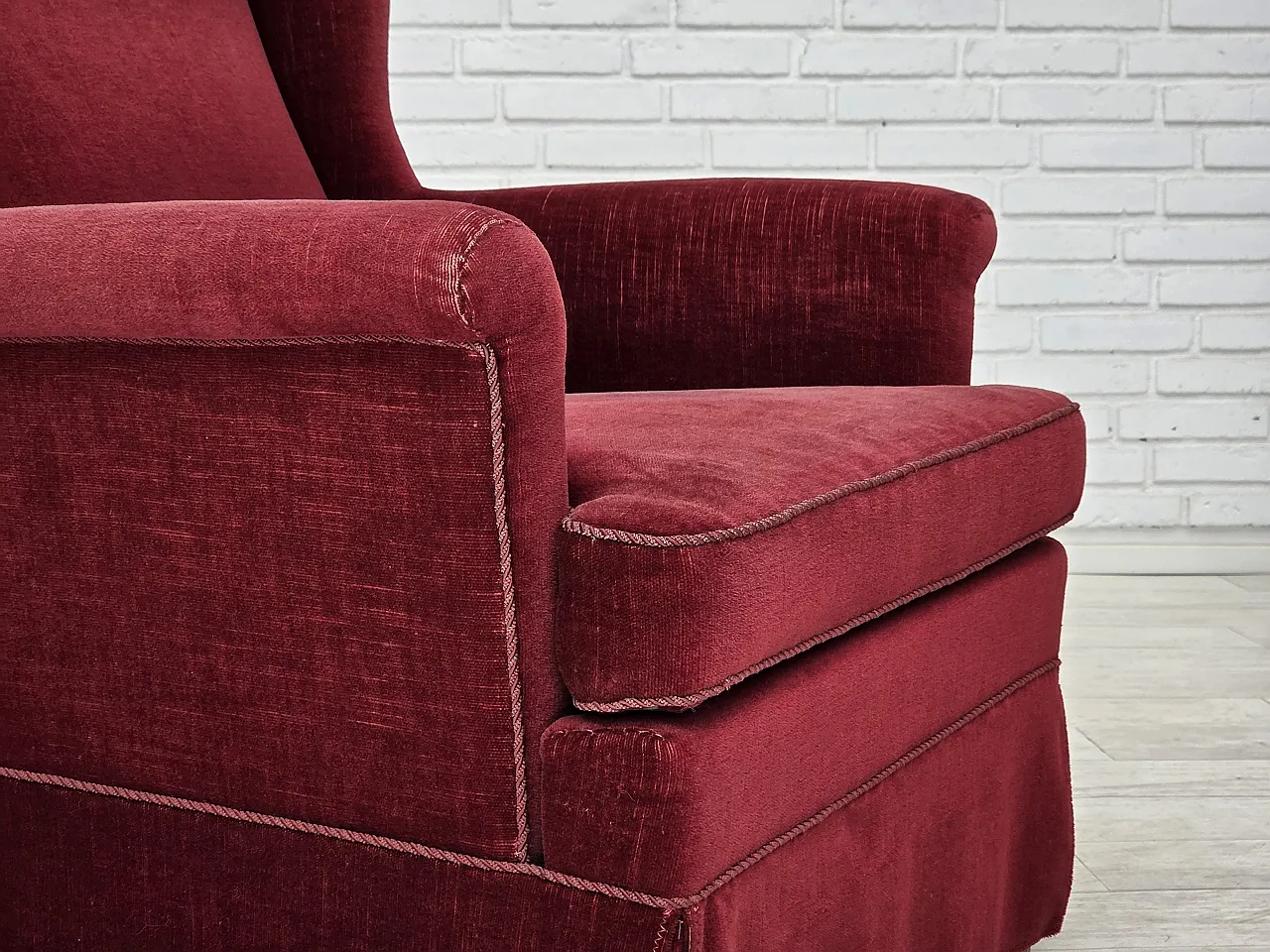 Danish highback chair, cherry-red velour, ash wood, 1970s 2