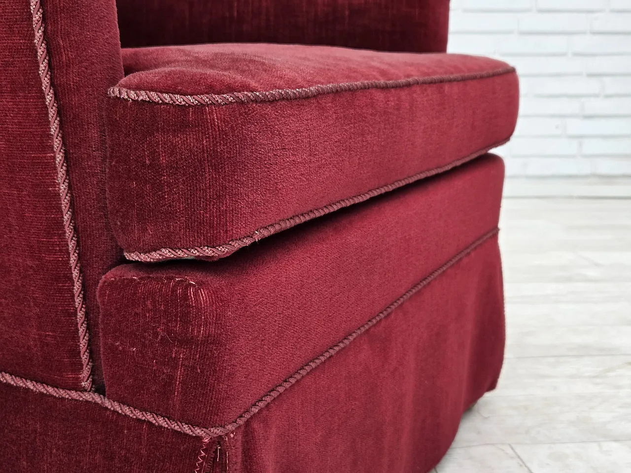 Danish highback chair, cherry-red velour, ash wood, 1970s 3