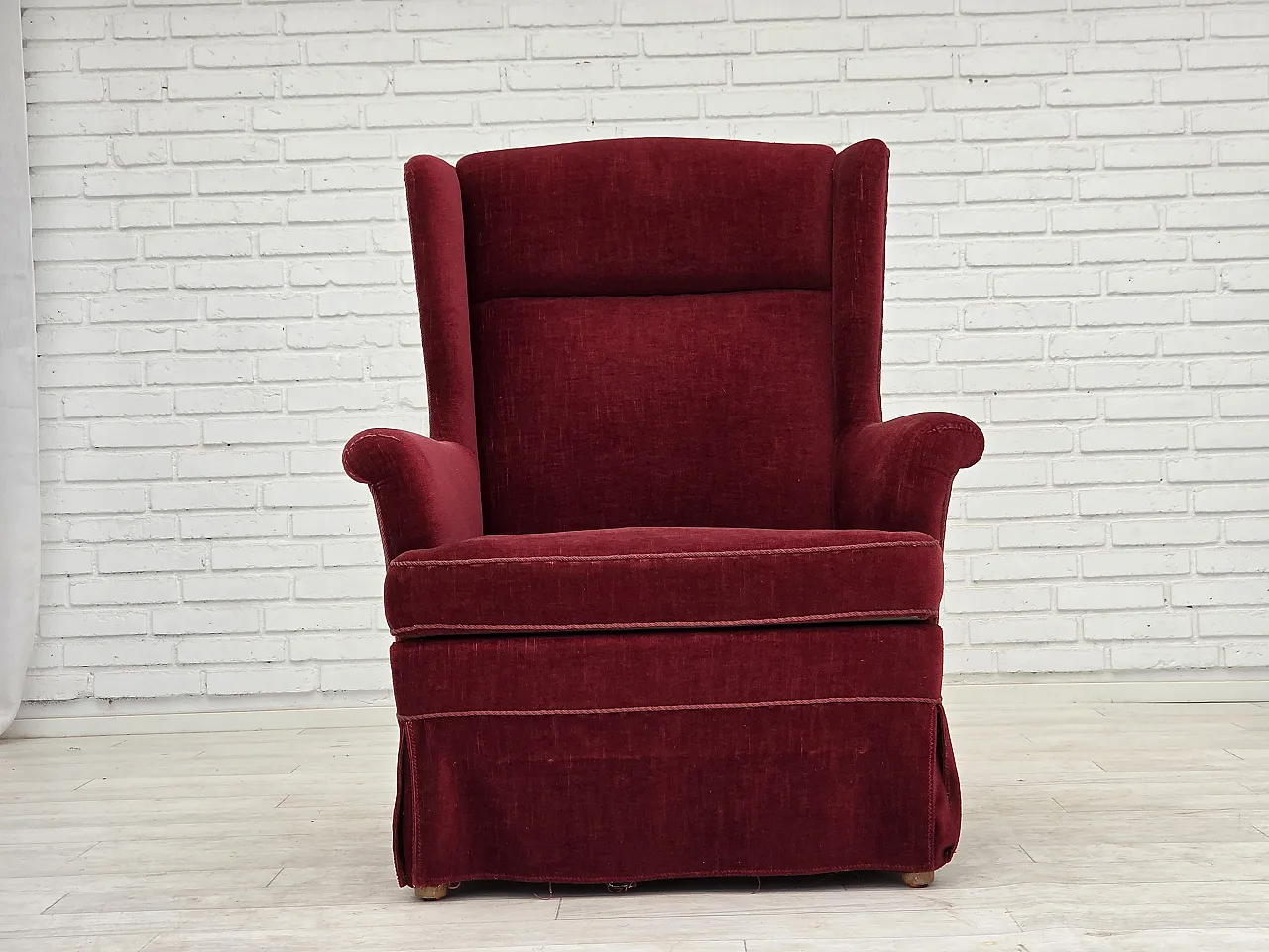 Danish highback chair, cherry-red velour, ash wood, 1970s 5