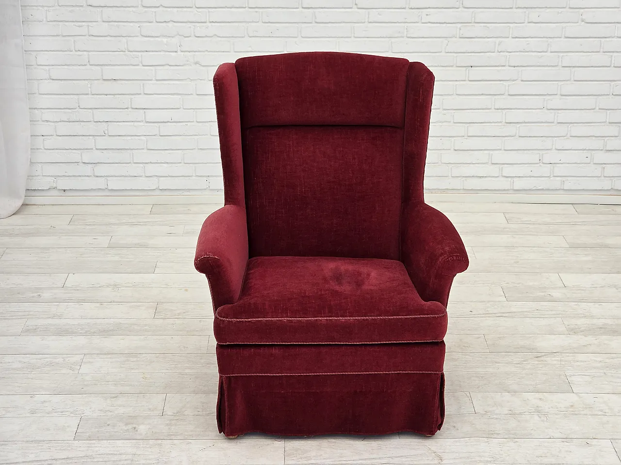 Danish highback chair, cherry-red velour, ash wood, 1970s 6
