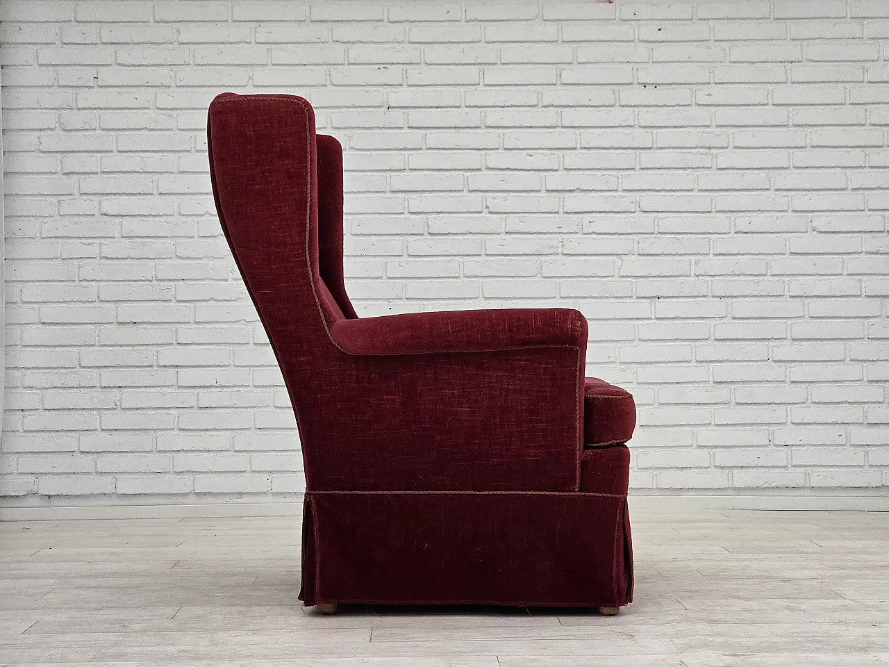 Danish highback chair, cherry-red velour, ash wood, 1970s 7