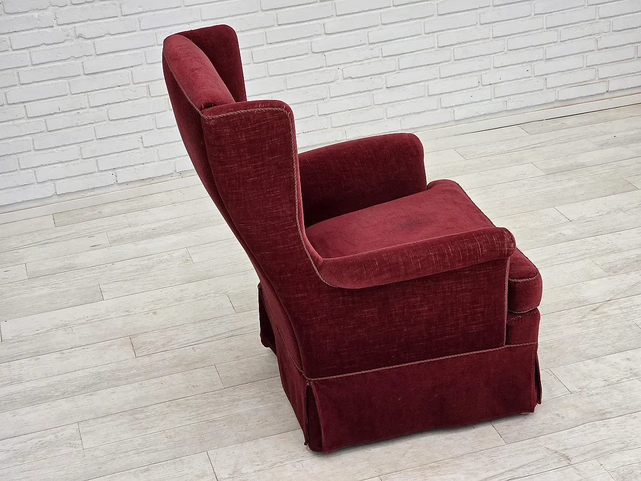 Danish highback chair, cherry-red velour, ash wood, 1970s 8