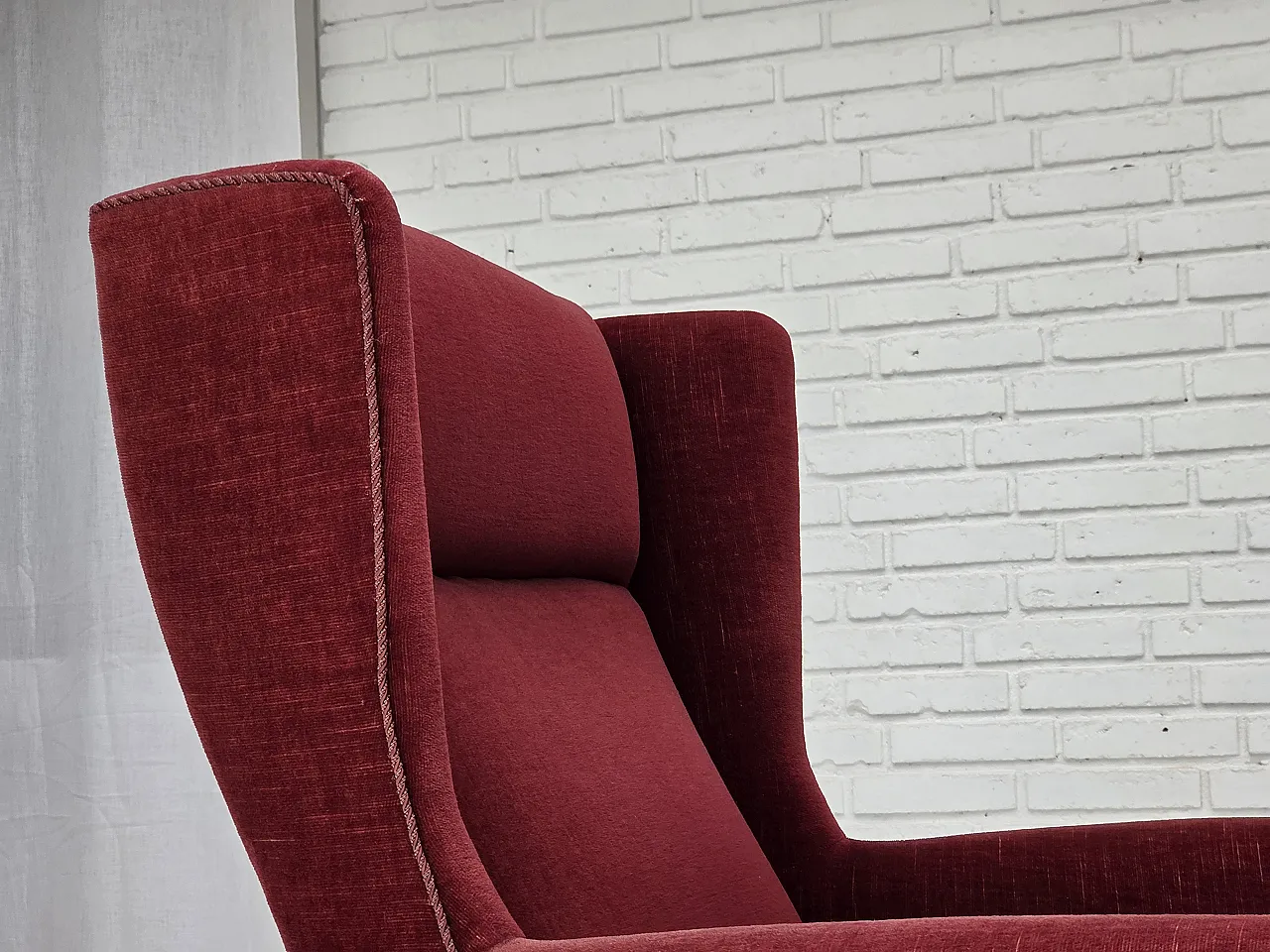 Danish highback chair, cherry-red velour, ash wood, 1970s 9