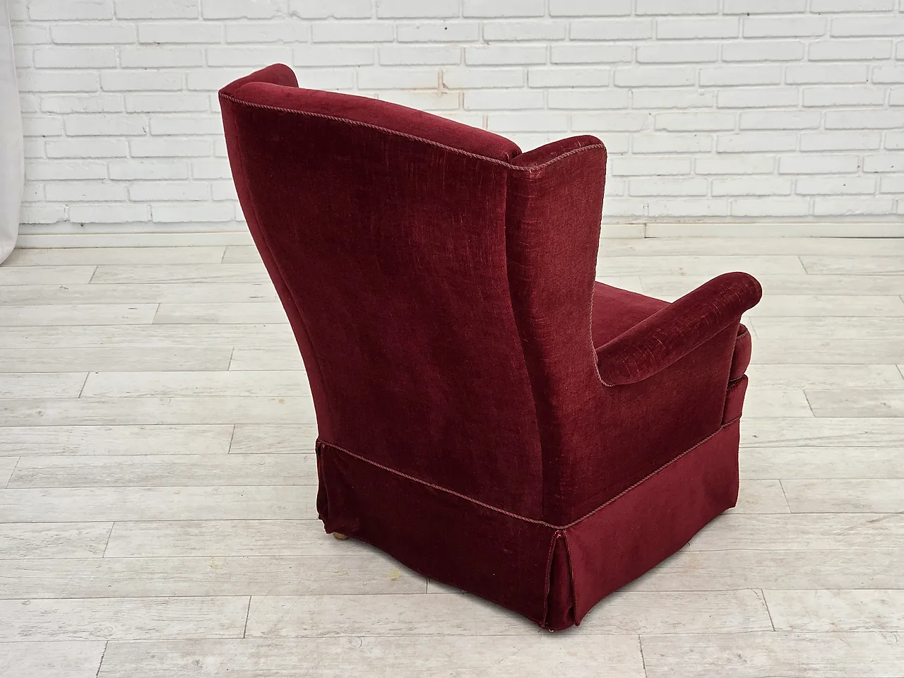 Danish highback chair, cherry-red velour, ash wood, 1970s 10