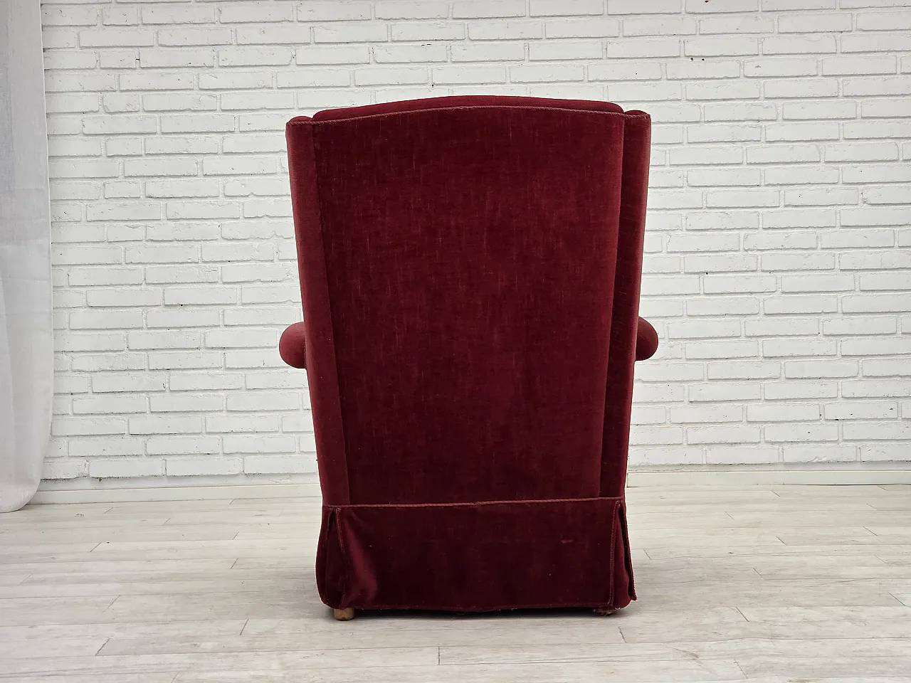 Danish highback chair, cherry-red velour, ash wood, 1970s 11