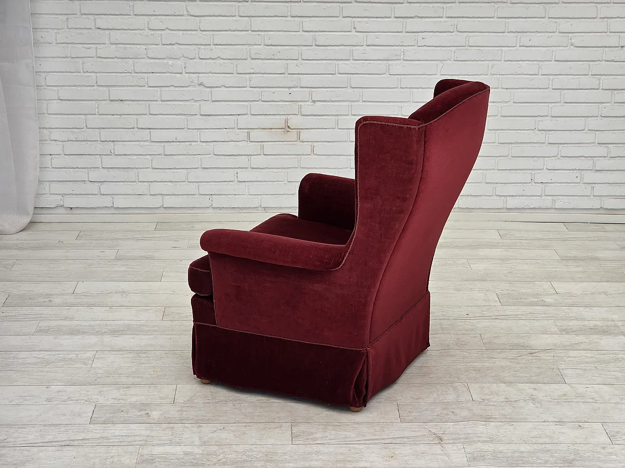 Danish highback chair, cherry-red velour, ash wood, 1970s 12