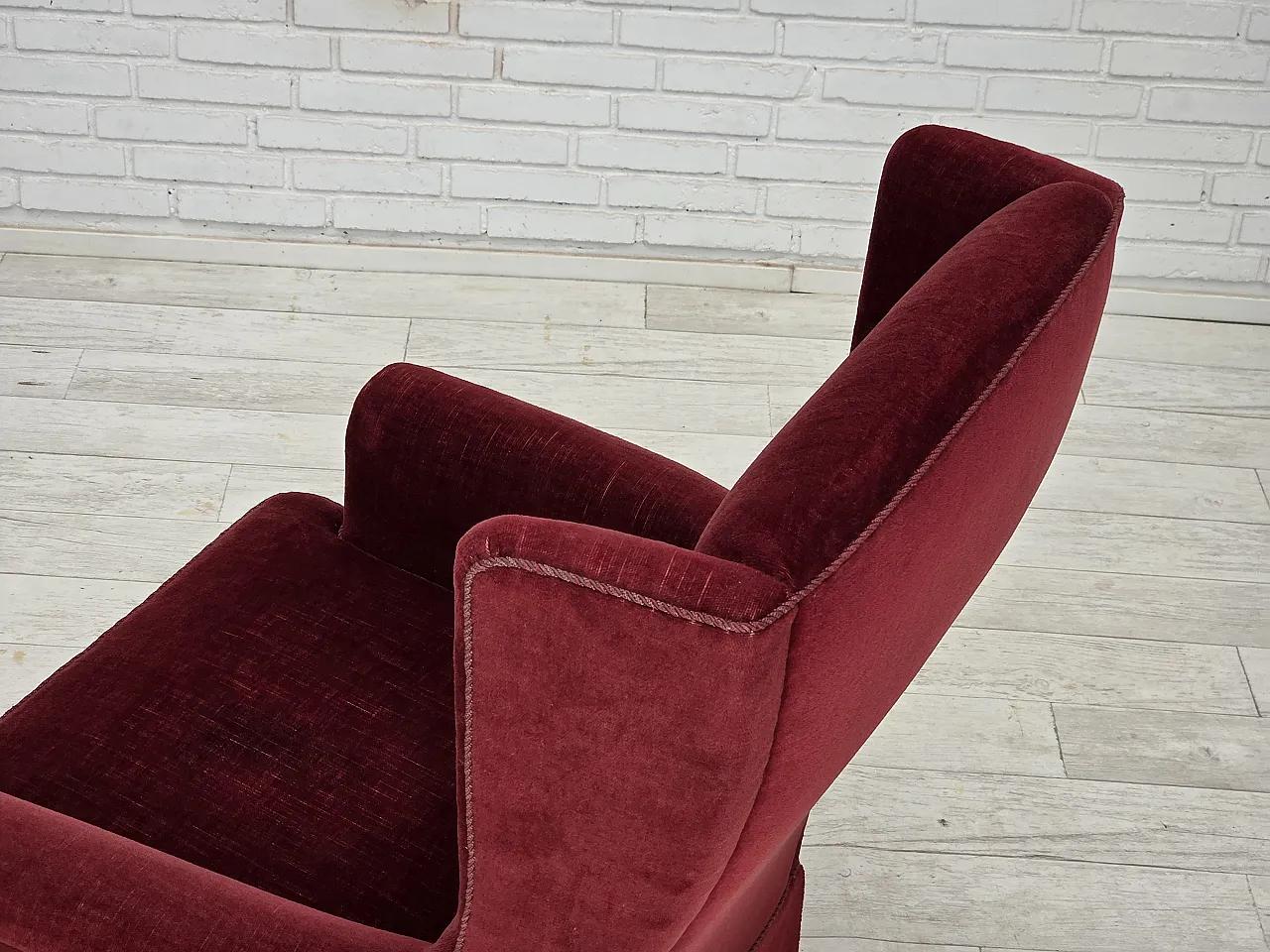 Danish highback chair, cherry-red velour, ash wood, 1970s 13