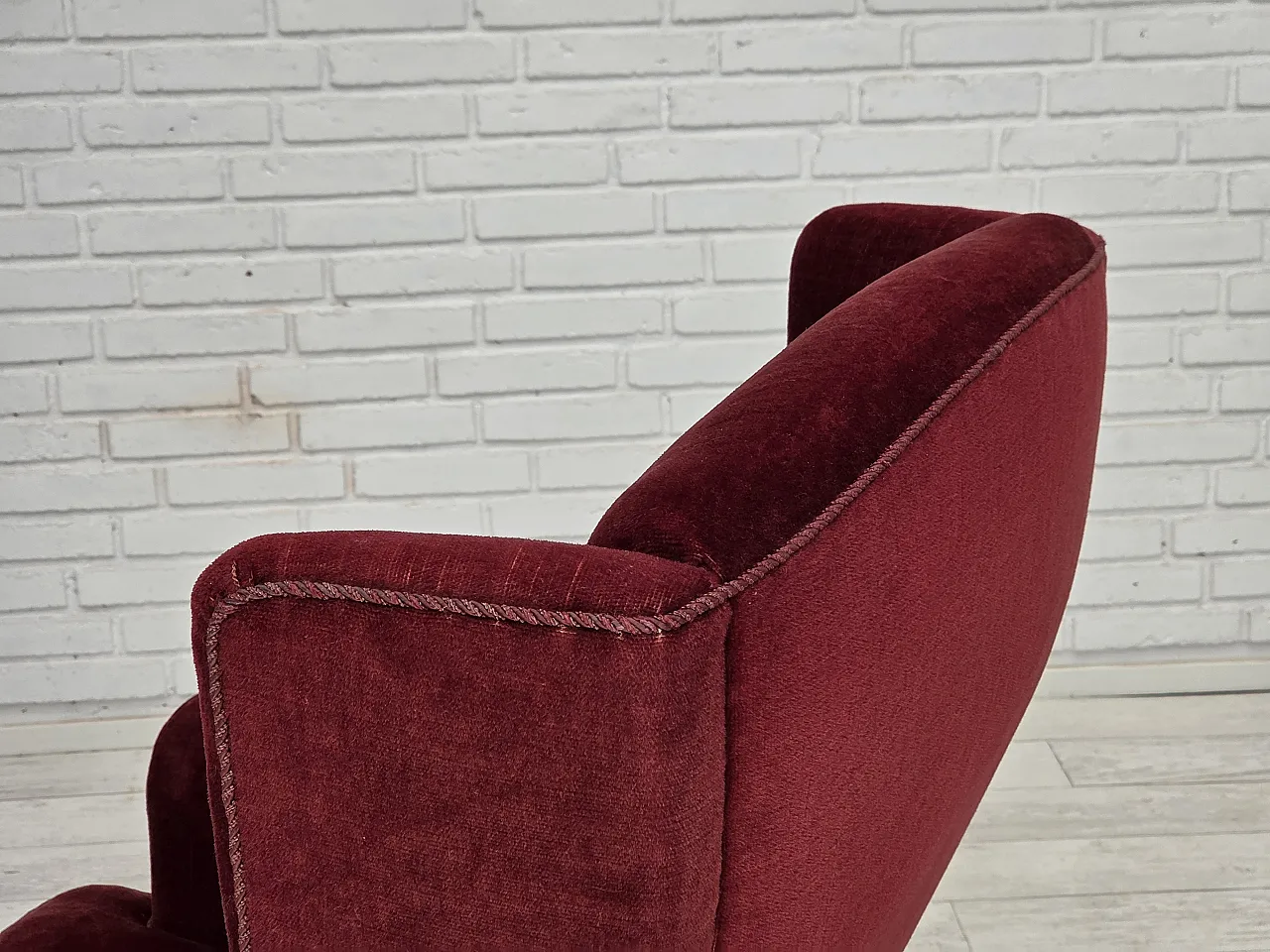 Danish highback chair, cherry-red velour, ash wood, 1970s 14