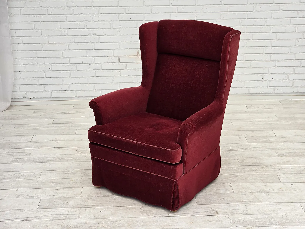 Danish highback chair, cherry-red velour, ash wood, 1970s 15
