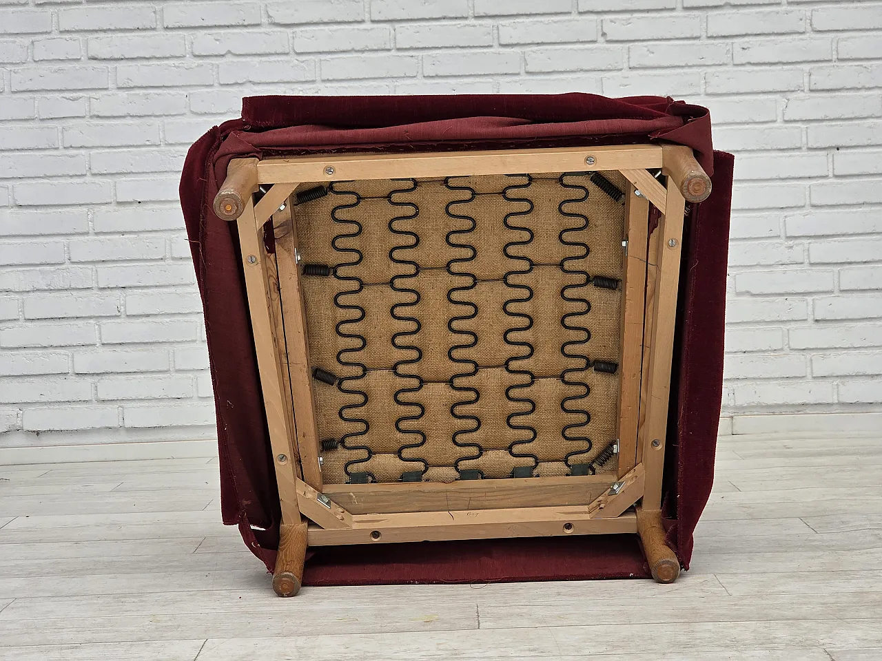 Danish highback chair, cherry-red velour, ash wood, 1970s 16