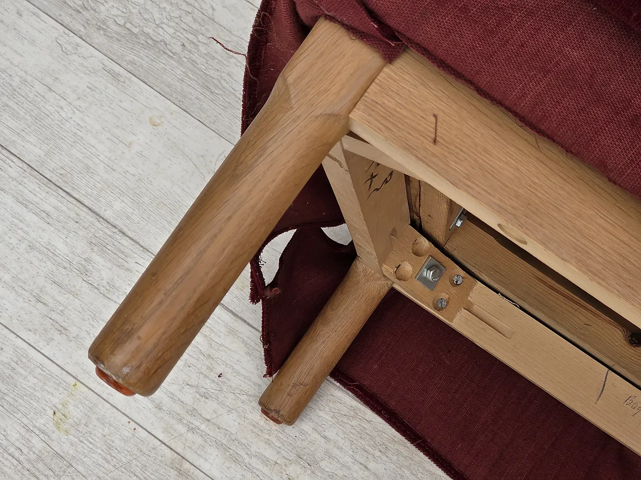 Danish highback chair, cherry-red velour, ash wood, 1970s 17