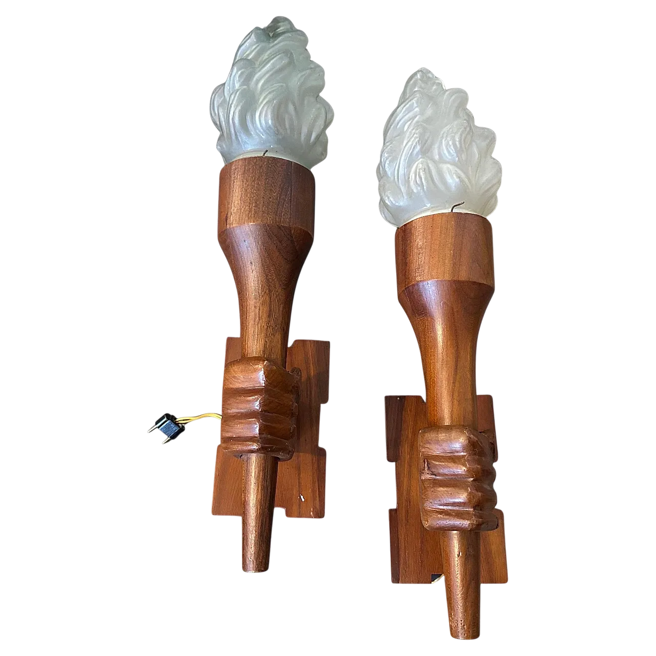 Pair of wall lamps in wood and glass, 1940s 19