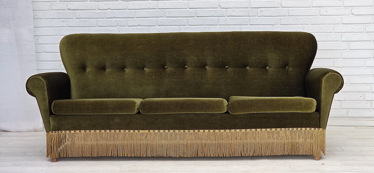 1970s, Danish 3-seater sofa, green furniture velour, ash wood legs. 1