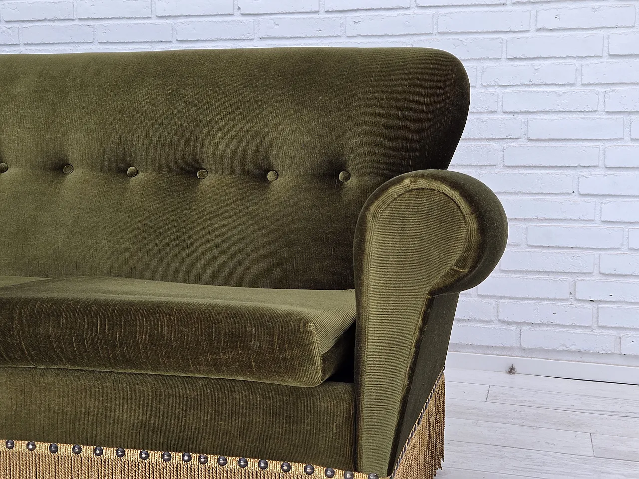 1970s, Danish 3-seater sofa, green furniture velour, ash wood legs. 2