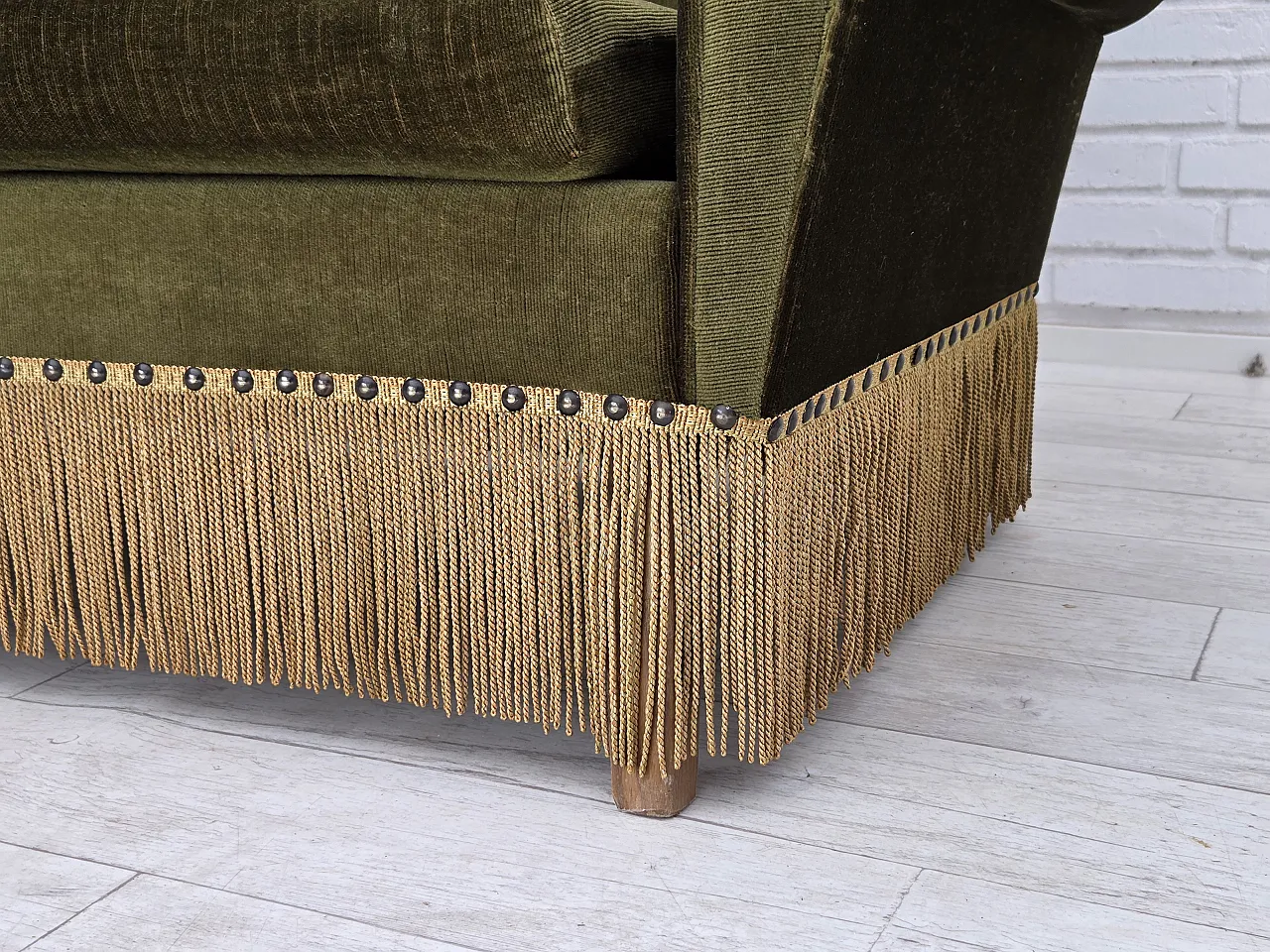 1970s, Danish 3-seater sofa, green furniture velour, ash wood legs. 3