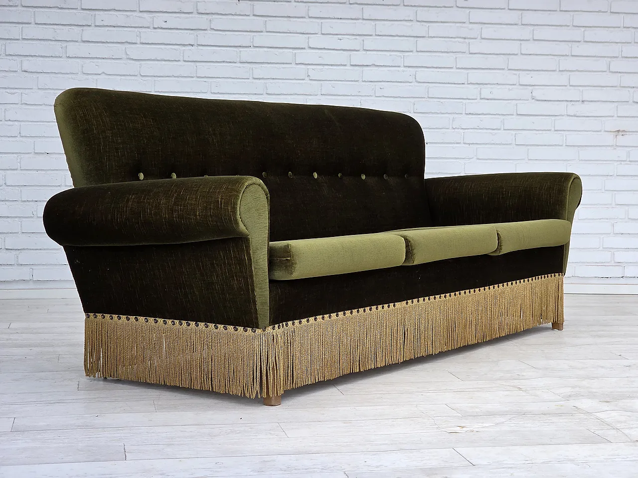 1970s, Danish 3-seater sofa, green furniture velour, ash wood legs. 4