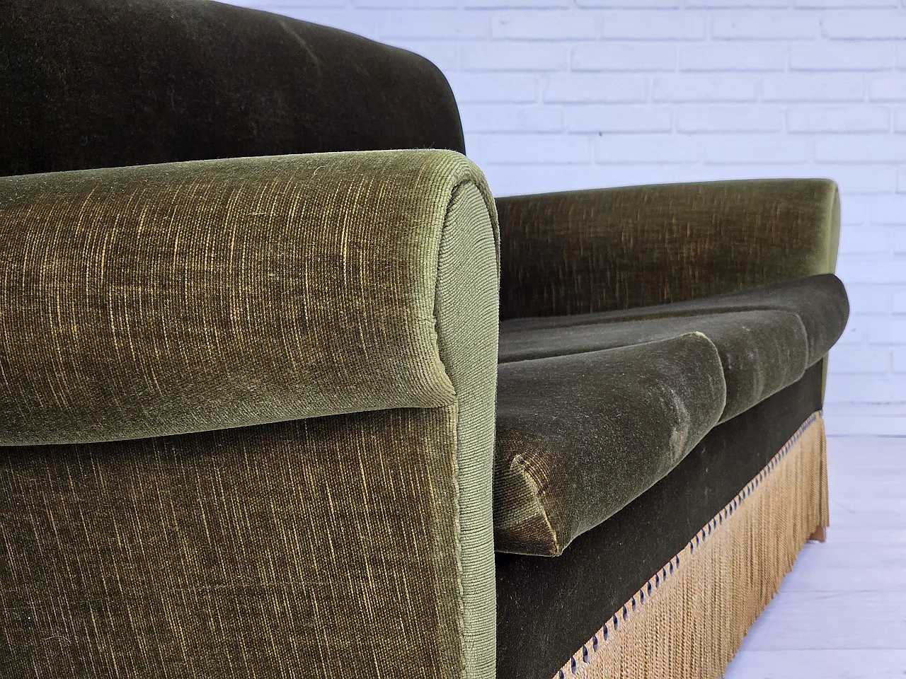 1970s, Danish 3-seater sofa, green furniture velour, ash wood legs. 5