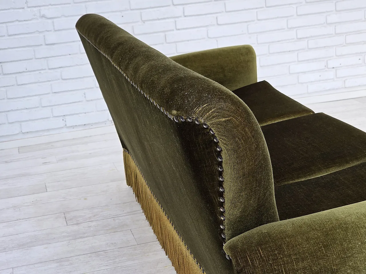 1970s, Danish 3-seater sofa, green furniture velour, ash wood legs. 6