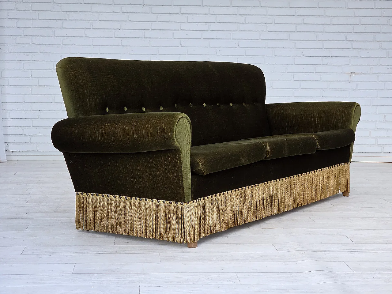 1970s, Danish 3-seater sofa, green furniture velour, ash wood legs. 7