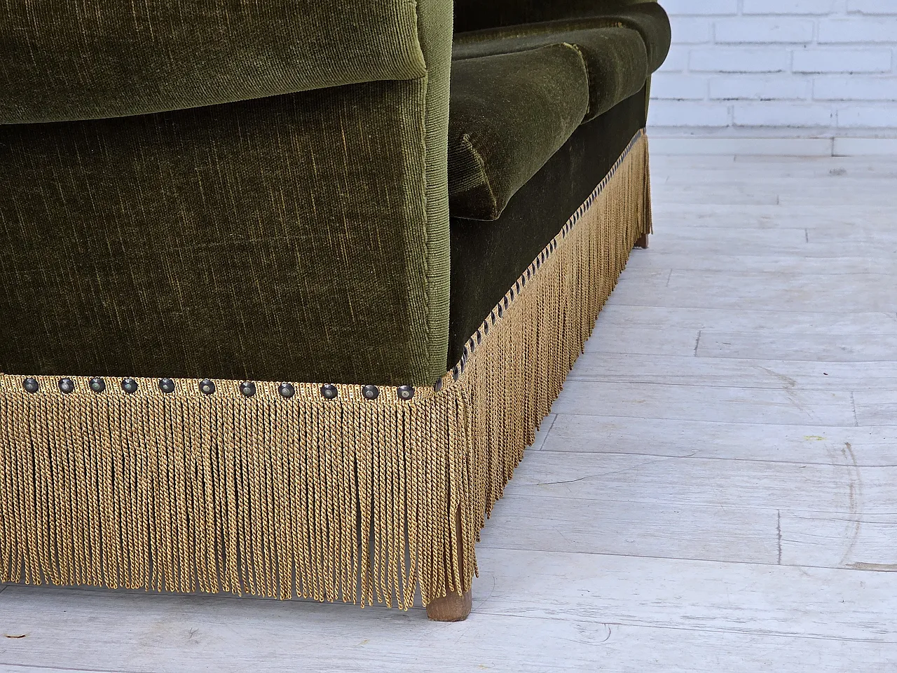 1970s, Danish 3-seater sofa, green furniture velour, ash wood legs. 8