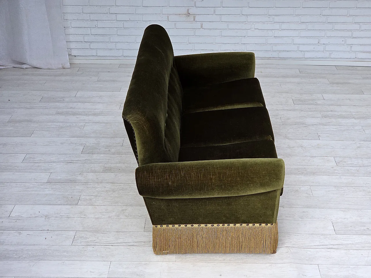 1970s, Danish 3-seater sofa, green furniture velour, ash wood legs. 9