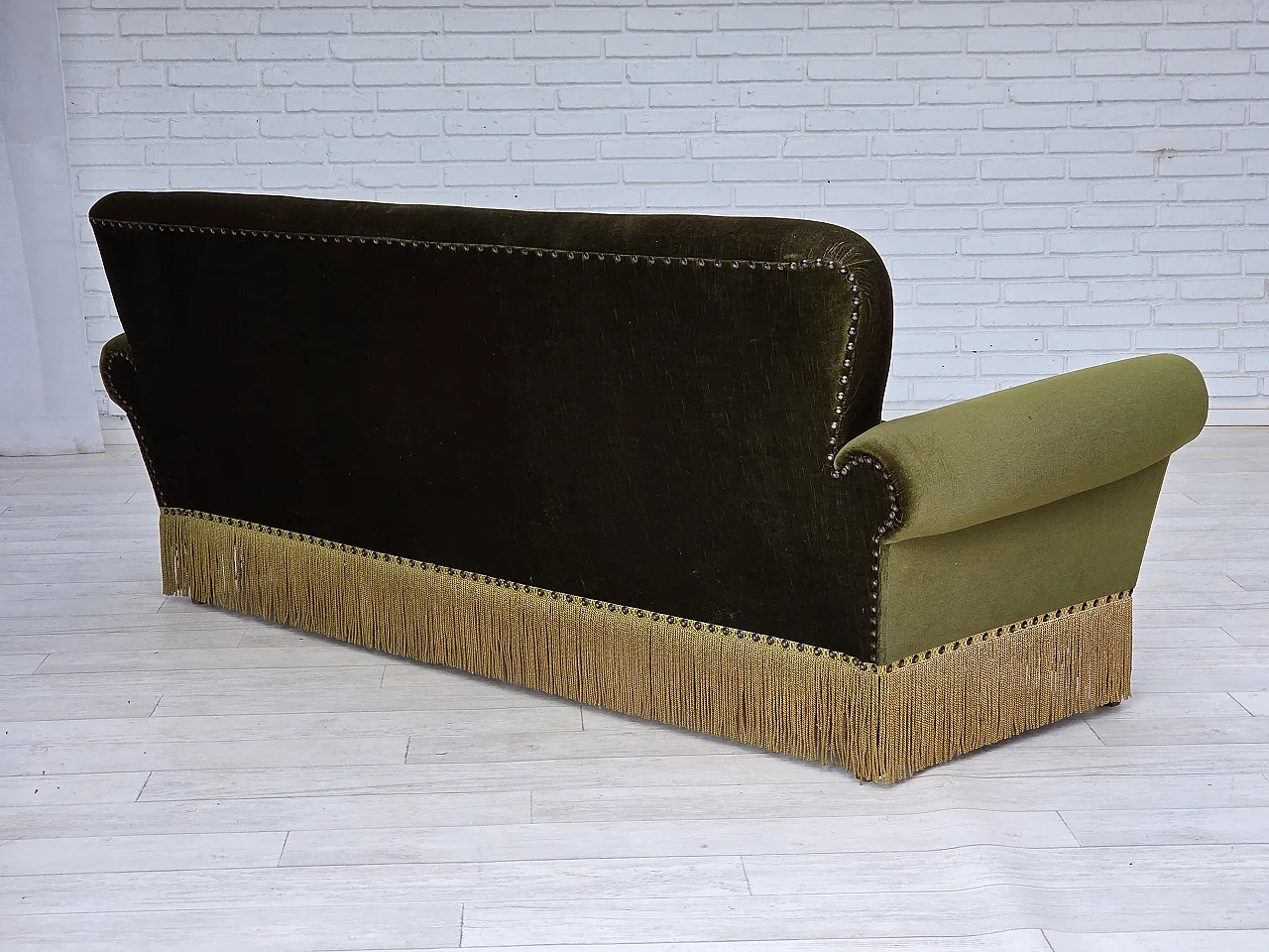 1970s, Danish 3-seater sofa, green furniture velour, ash wood legs. 10