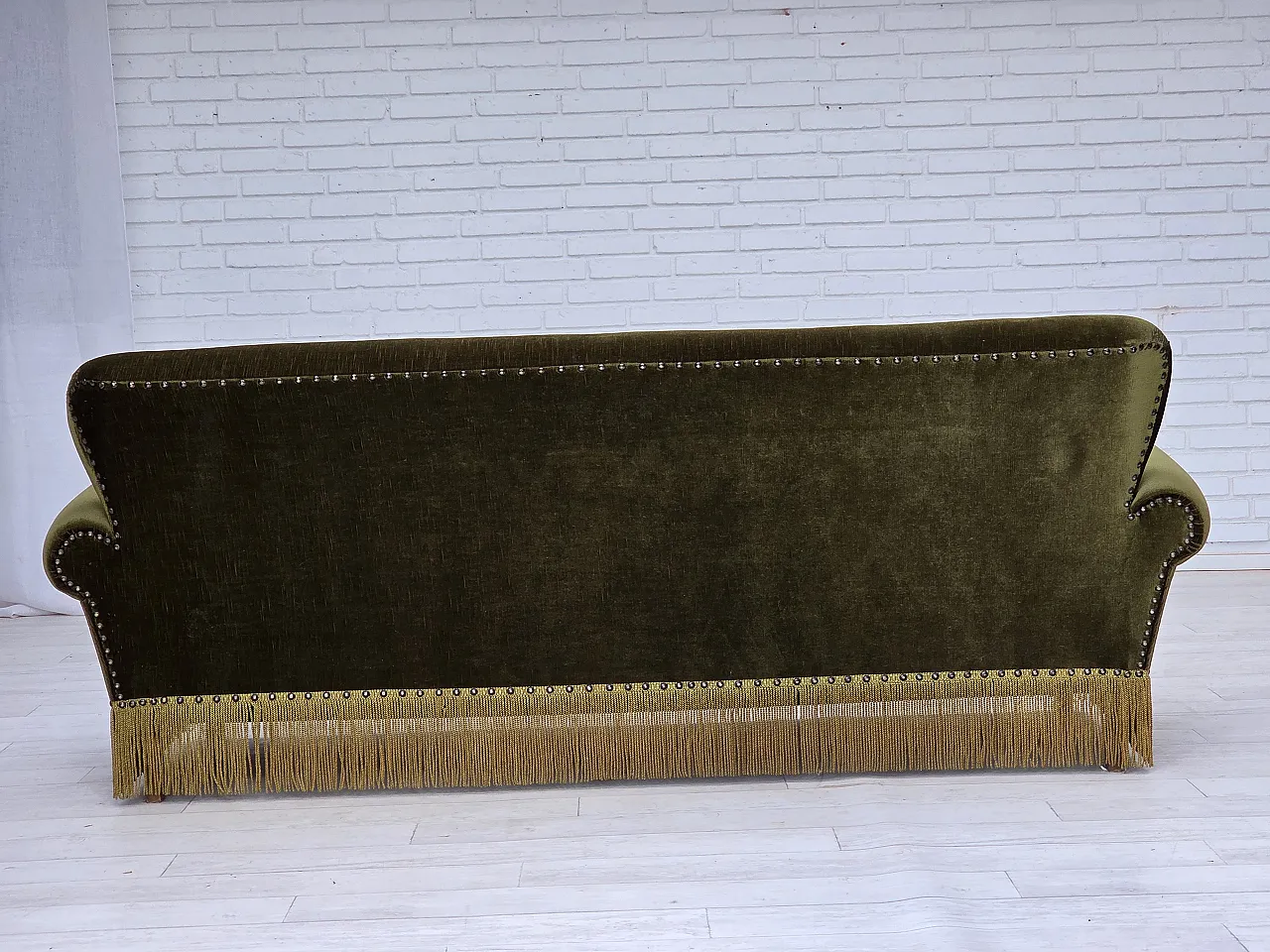 1970s, Danish 3-seater sofa, green furniture velour, ash wood legs. 11