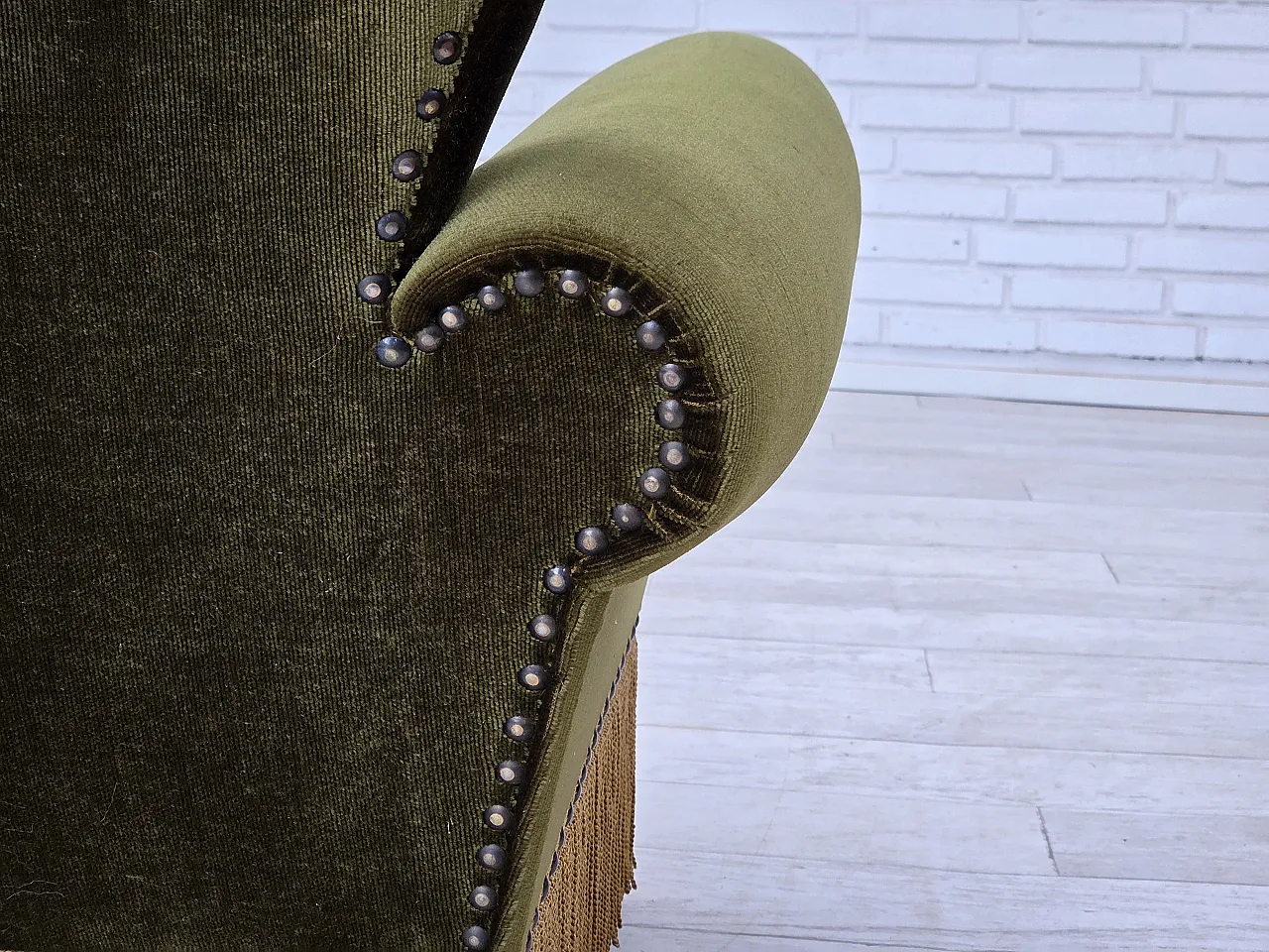 1970s, Danish 3-seater sofa, green furniture velour, ash wood legs. 12