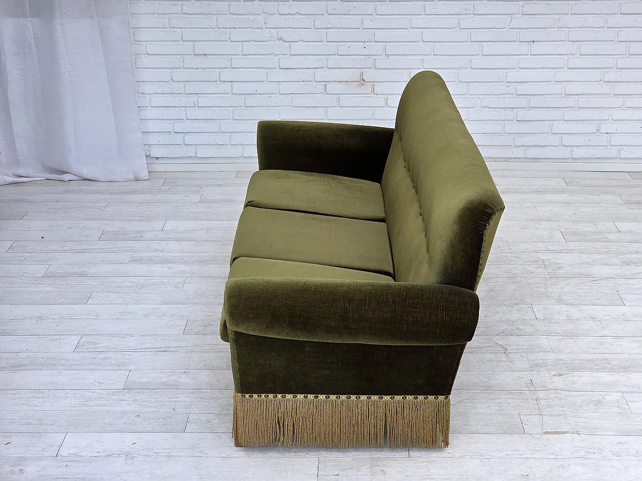 1970s, Danish 3-seater sofa, green furniture velour, ash wood legs. 13