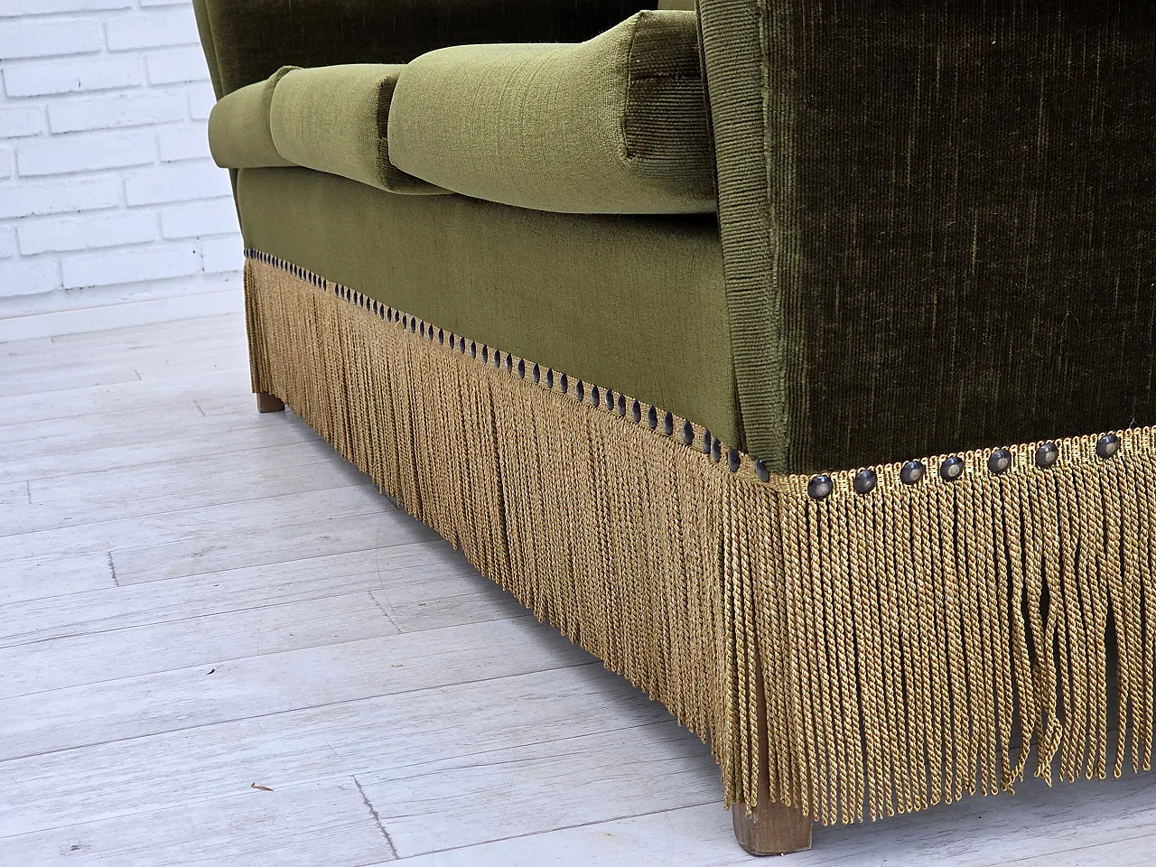 1970s, Danish 3-seater sofa, green furniture velour, ash wood legs. 14