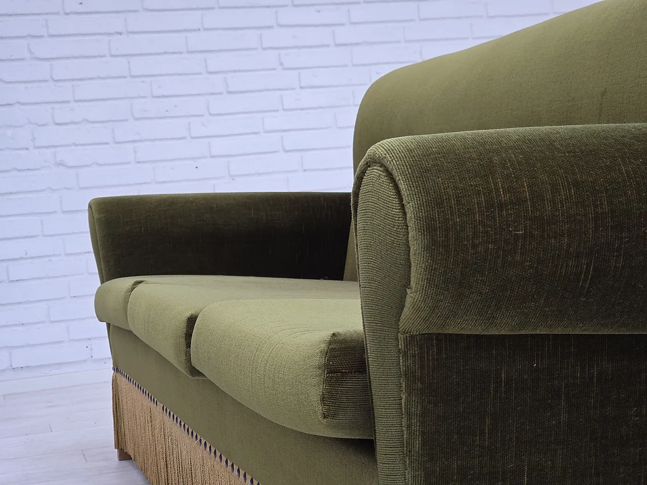 1970s, Danish 3-seater sofa, green furniture velour, ash wood legs. 15
