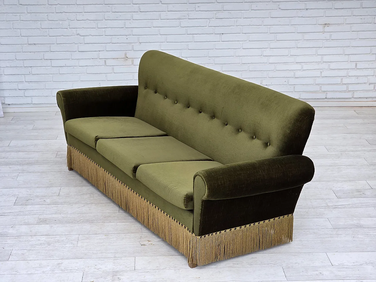 1970s, Danish 3-seater sofa, green furniture velour, ash wood legs. 16