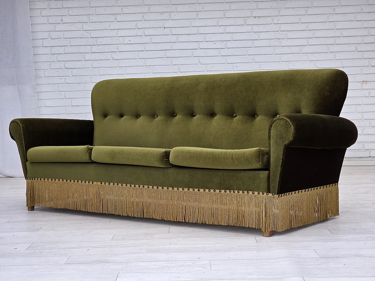 1970s, Danish 3-seater sofa, green furniture velour, ash wood legs. 17