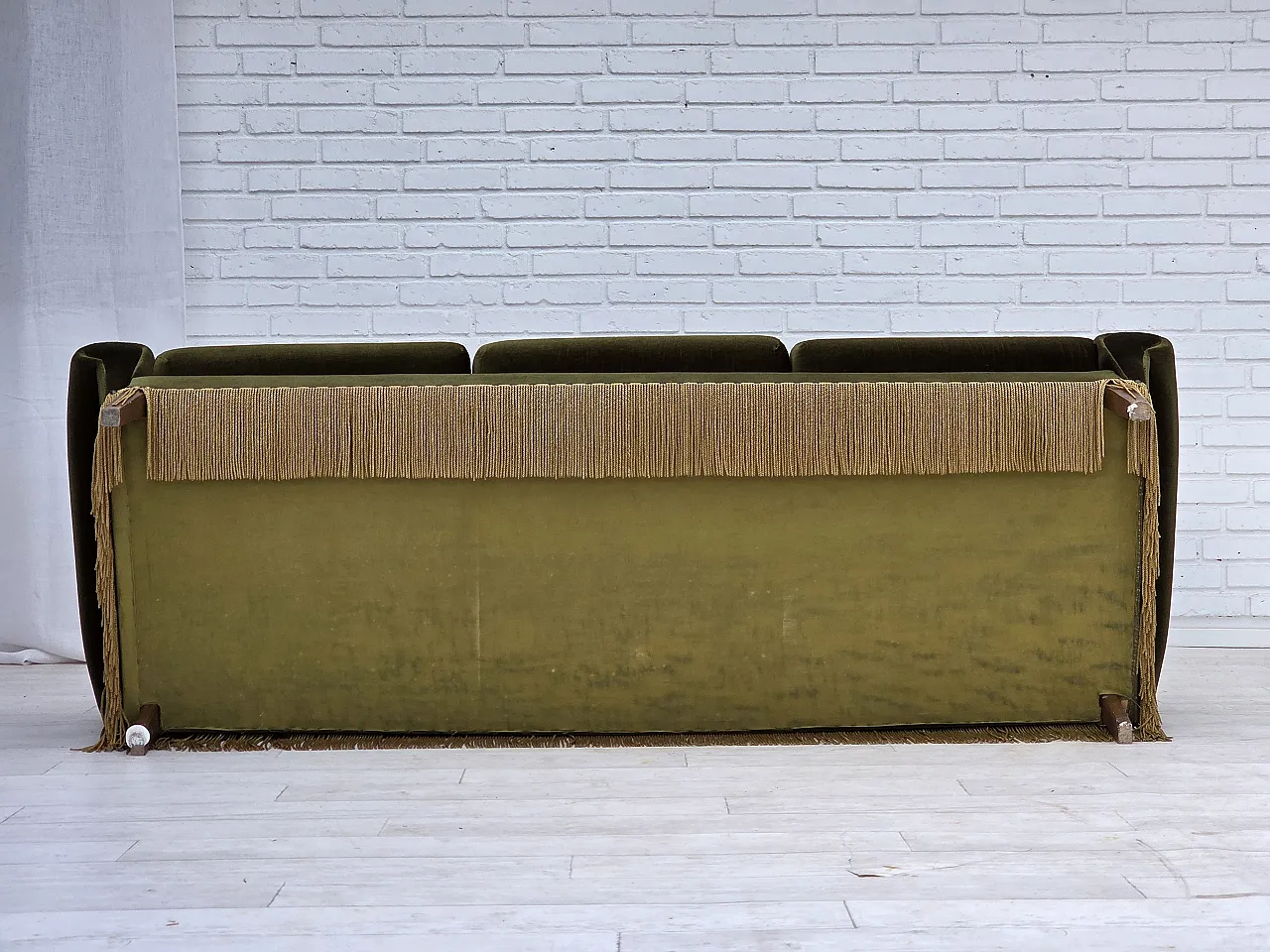 1970s, Danish 3-seater sofa, green furniture velour, ash wood legs. 18